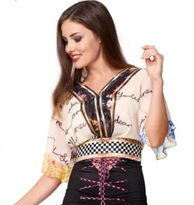 IPNG: Blooming Patchwork Inscripted Illusion Kimono Chiffon Crop Top (1 Left, Ship Immed!)