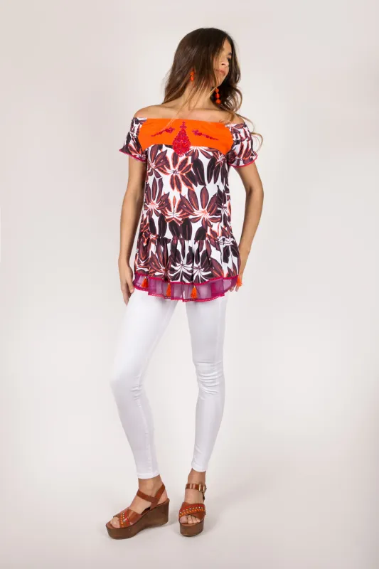 Shoklett Spain: Orange Hibiscus Off Shoulder Samantha Tunic