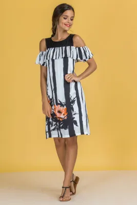 Paul Brial: Wild Orange Rose Cold Shoulder Ruffled Midi Dress