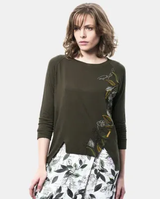 Mamatayoe: Olive Martini Falling Petals Asymmetrical Tunic