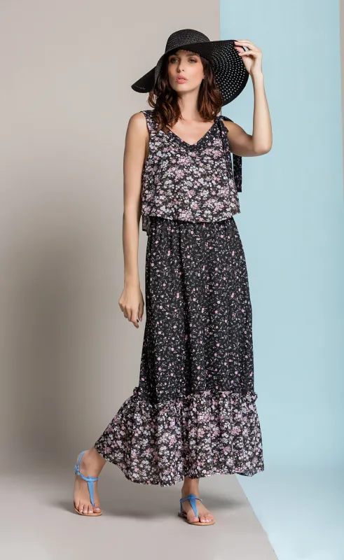 Paul Brial: Frill Draped Bodice Blush Flower Maxi Dress