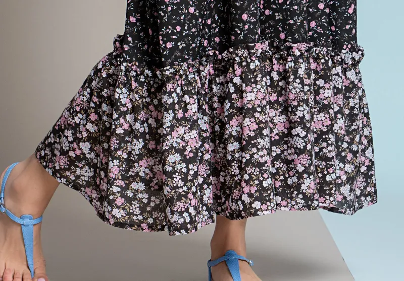 Paul Brial: Frill Draped Bodice Blush Flower Maxi Dress