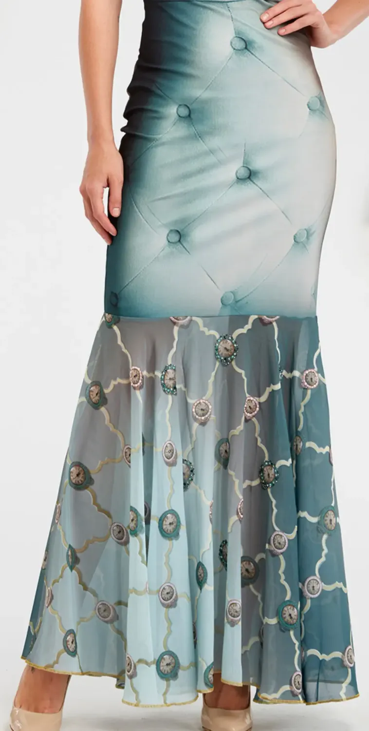 IPNG: Inna Me Clock Reflection Illusion Long Ruffled Skirt 