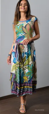 Paul Brial: French Polynesian Flower Crinkled Hem Maxi Dress