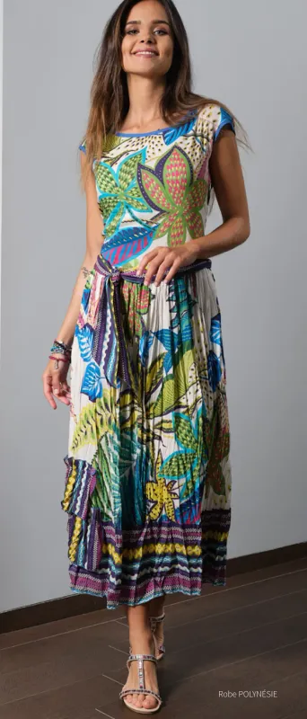 Paul Brial: French Polynesian Flower Crinkled Hem Maxi Dress