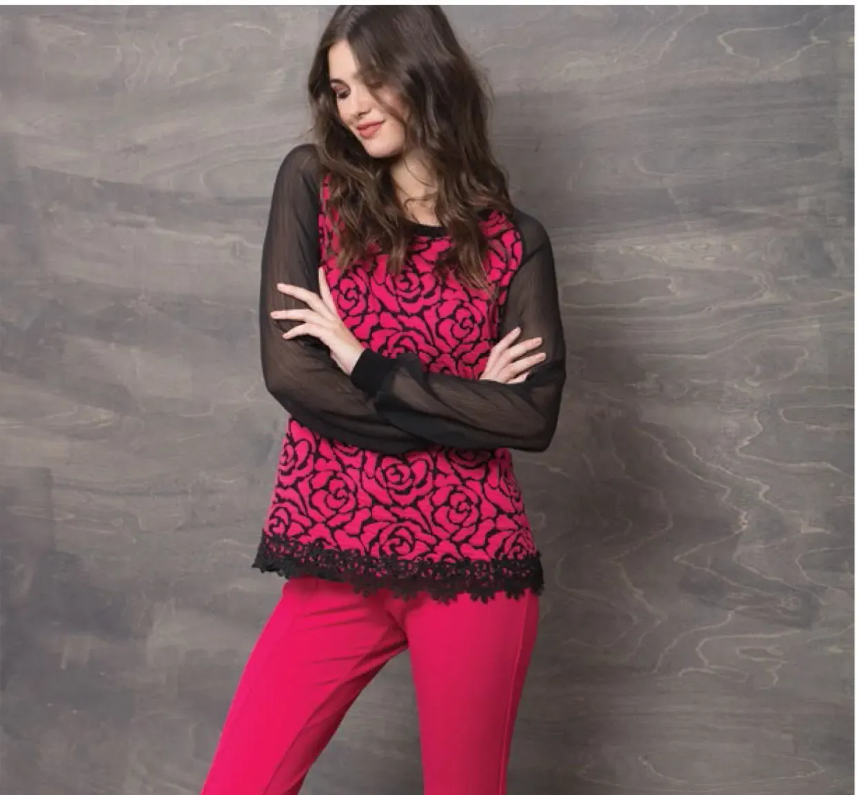 Maloka: Fuschia Rose Imprinted Asymmetrical Hem Sweater (1 Left!)