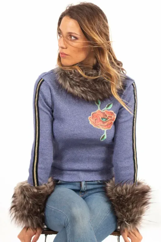 Savage Culture: Orange Rose Blue Jeans Knit Faux Fur Sweater (1 Left!)