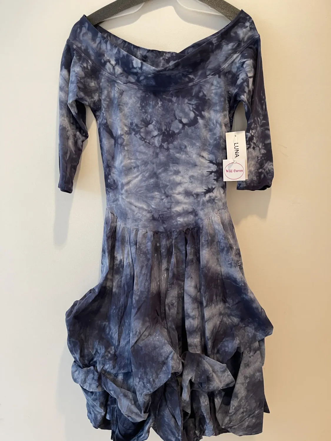 Luna Luz: Tied &amp; Dyed Off Shoulder Godet Dress In Navy Cloud Wash