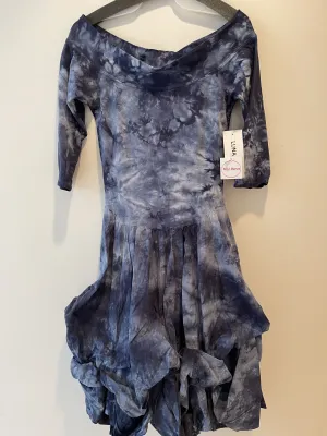 Luna Luz: Tied &amp; Dyed Off Shoulder Godet Dress In Navy Cloud Wash