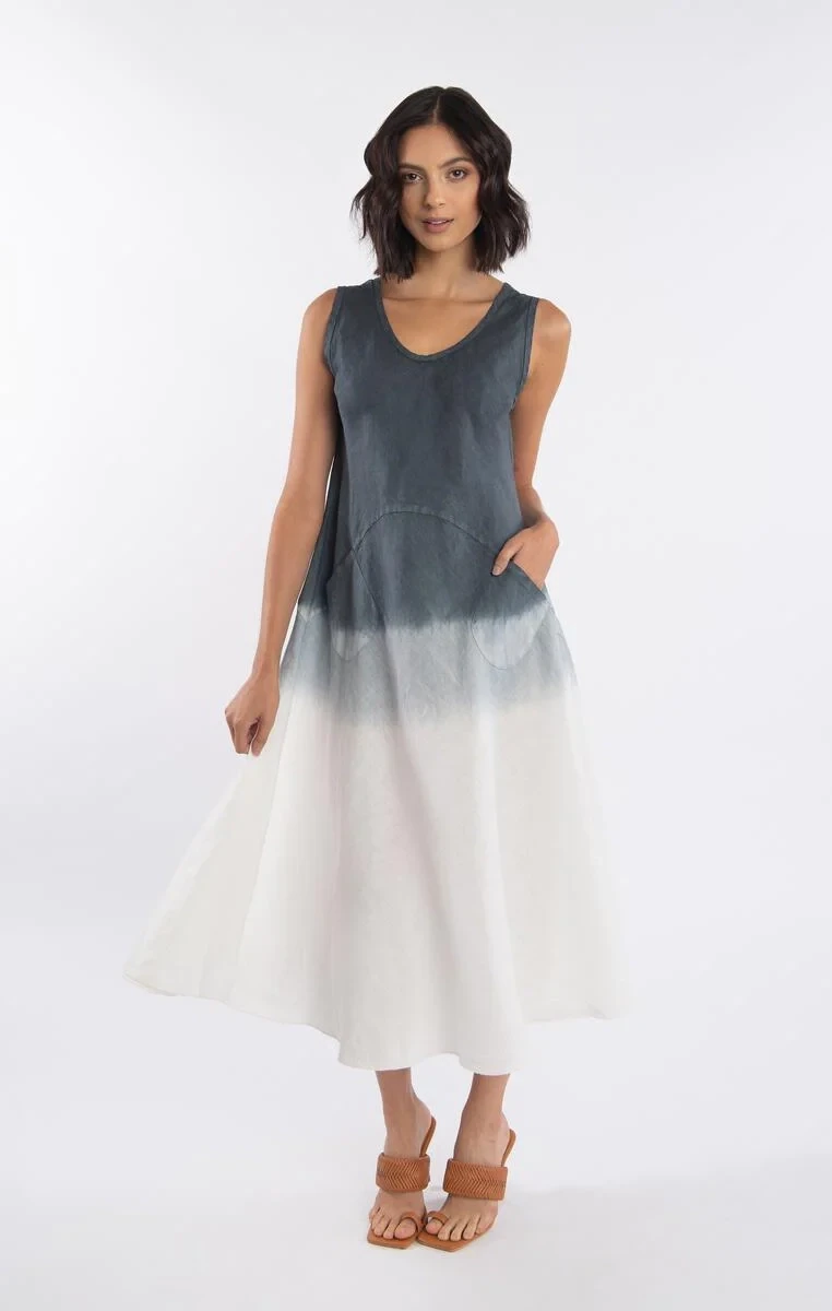 Luna Luz: Margarita Linen Midi Tank Dress In Shale Ombre