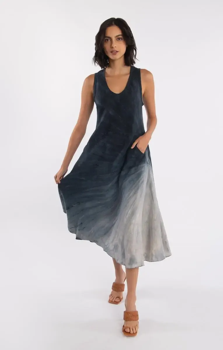 Luna Luz: Margarita Linen Midi Tank Dress In Stormy Weather