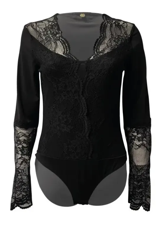 Paul Brial: Lace Contrast Long Sleeve Bodysuit
