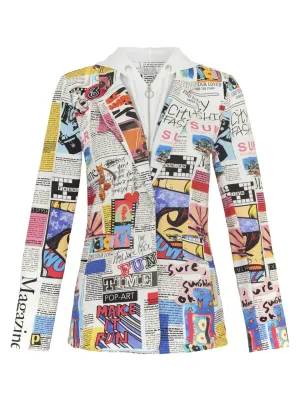 Dolcezza: Newspaper Printed Double Cut Zip &amp; Button Blazer