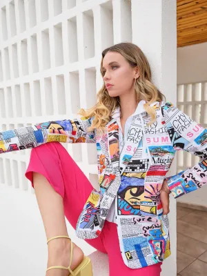 Dolcezza: Newspaper Printed Double Cut Zip &amp; Button Blazer