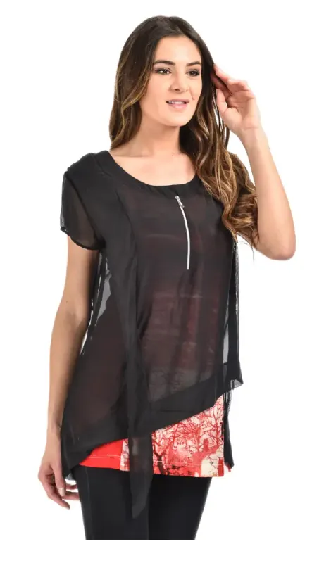 L33 Paris: Double Cut Asymmetrical Coral Tunic