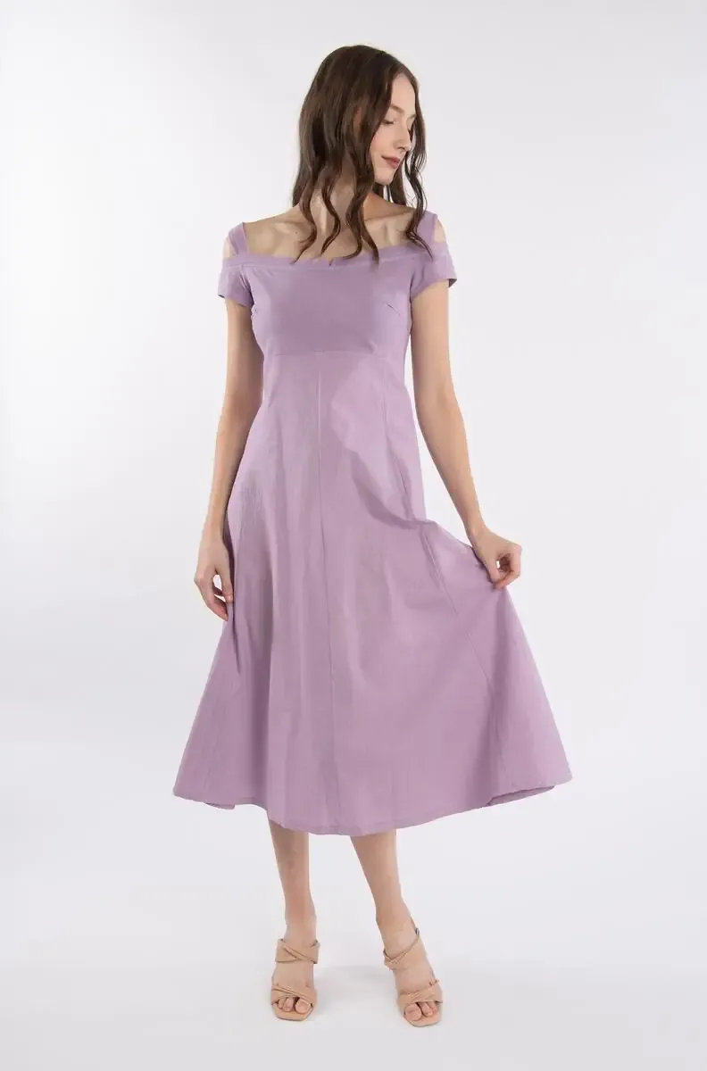Luna Luz: Elegant Capped Cold Shoulder A-line Dress In Lavender