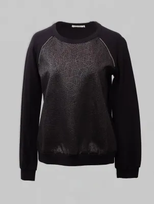 Maloka: Black Shimmer Faux Leather Mixed Media Sweatshirt