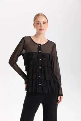 Isle Apparel By Wild Curves: Cha Cha Ruffled Cardigan In Black Mesh