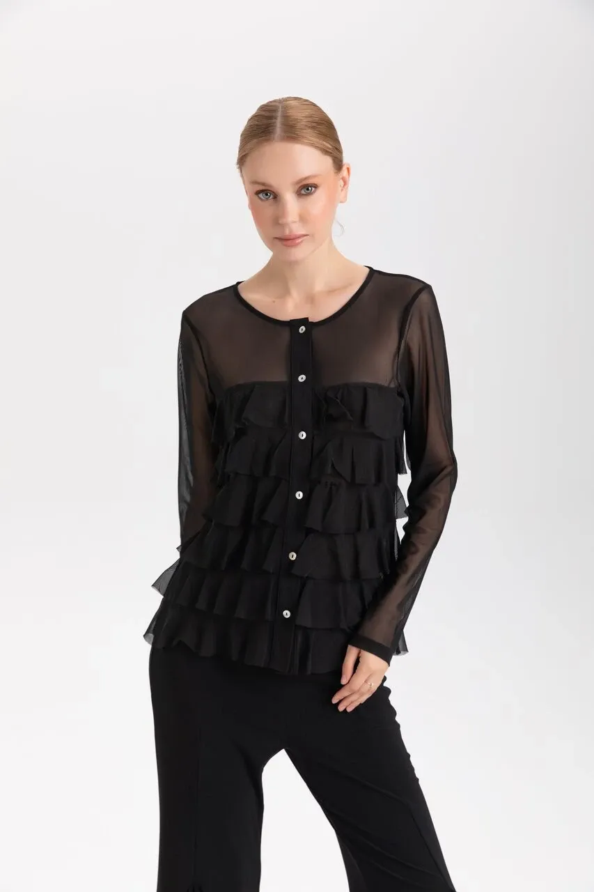 Isle Apparel By Wild Curves: Cha Cha Ruffled Cardigan In Black Mesh