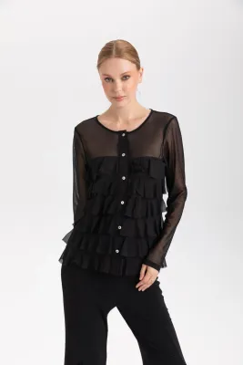 Isle Apparel By Wild Curves: Cha Cha Ruffled Cardigan In Black Mesh