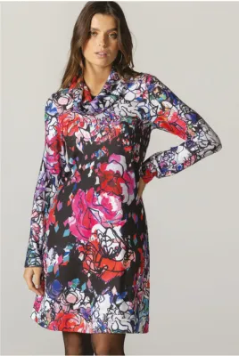 Maloka: Amour Roses Art Sweater Dress With Detachble Cowl Neck