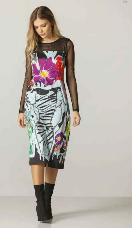 Maloka: Fuchsia Orchid Art Show Mesh Sleeve Dress