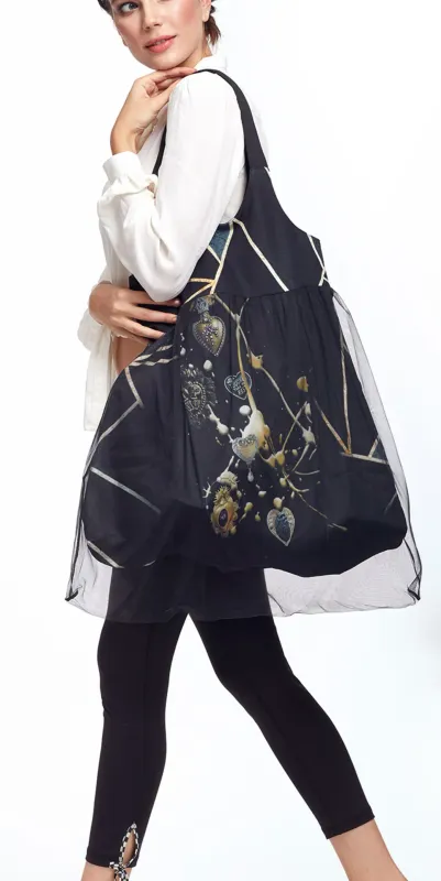 IPNG: Love Me Black Bejeweled Illusion XL Tote Bag With Tulle Compartment