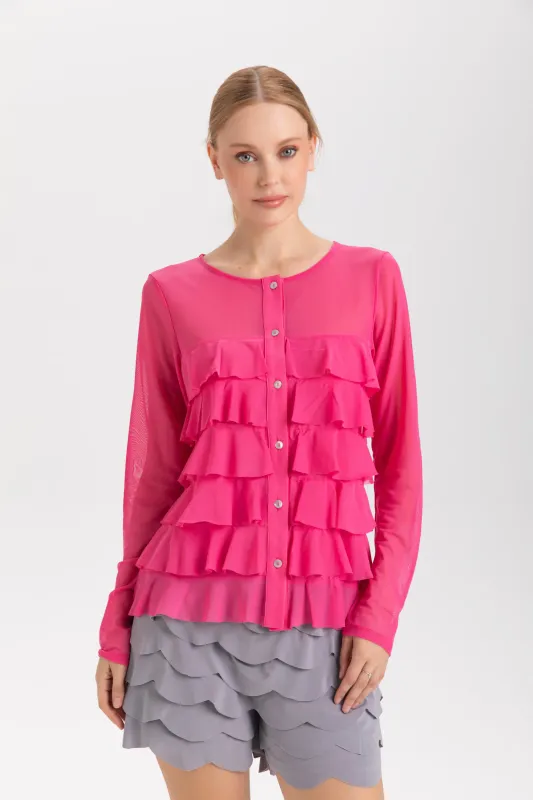 Isle Apparel By Wild Curves: Cha Cha Ruffled Cardigan In Barbie Pink Isle Apparel By Wild Curves: Cha Cha Ruffled Cardigan In Barbie Pink