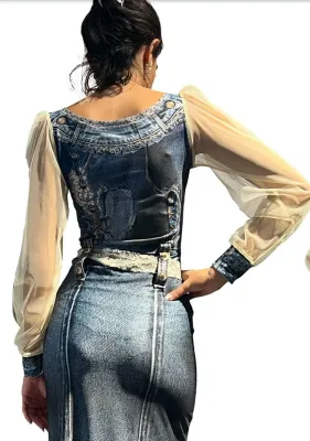 IPNG By Wild Curves: 3D Denim Illusion Blouse With Creme Mesh Sleeves