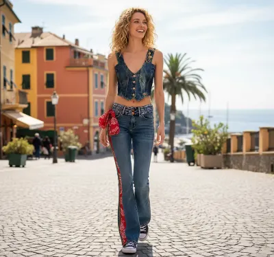 IPNG By Wild Curves: Bell Bottom Denim Illusion Pants With Red Hanky