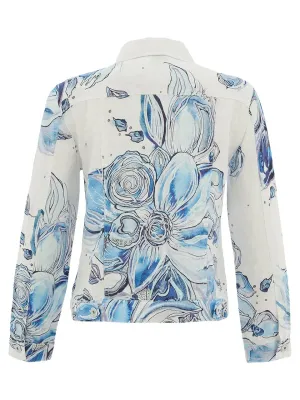 Dolcezza By Wild Curves: Blue Flowers Linen Denim Art Jacket