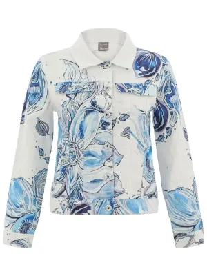 Dolcezza By Wild Curves: Blue Flowers Linen Denim Art Jacket