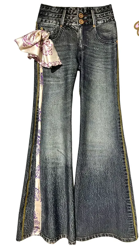 IPNG By Wild Curves: Bell Bottom Denim Illusion Pants With Purple Creme Hanky