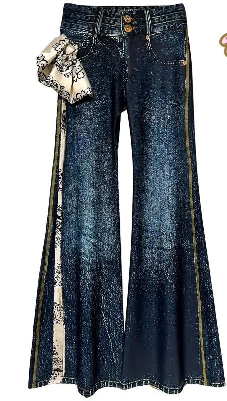 IPNG By Wild Curves: Bell Bottom Denim Illusion Pants With Blue Creme Hanky