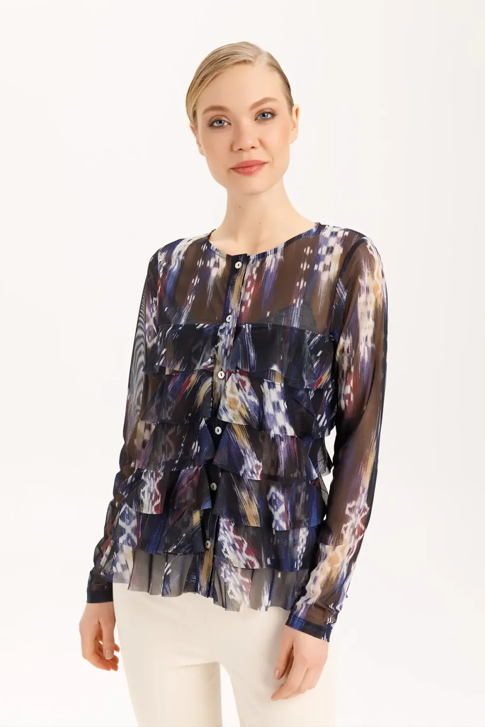 Isle Apparel By Wild Curves: Cha Cha Ruffled Cardigan In Black/Navy Mesh