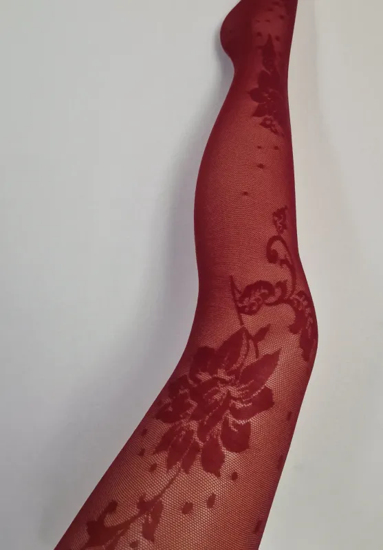 Fiore By Wild Curves: Lotus In Love 3D Pattern Tights In Burgandy