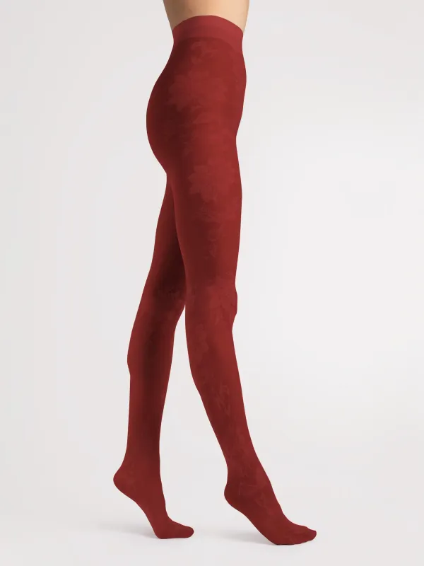 Fiore By Wild Curves: Lotus In Love 3D Pattern Tights In Burgandy