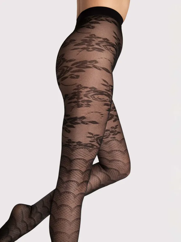 Fiore By Wild Curves: Black Rose Dual Patterned Tights In 30 Denier