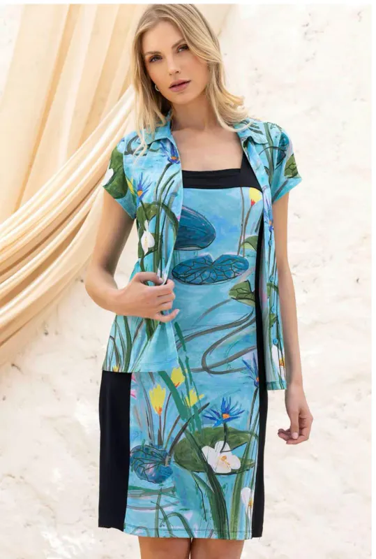 Maloka: Pink Water Lily Art Contrast Dress/Tunic Front