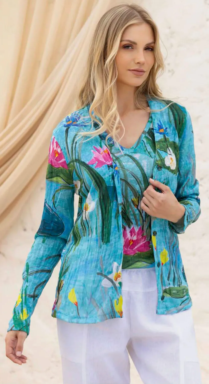Maloka: Pink Water Lily Art Cardigan Front