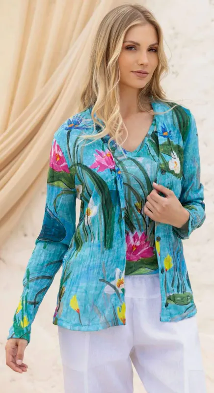 Maloka: Pink Water Lily Art Cardigan Front