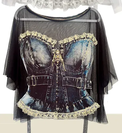 IPNG By Wild Curves: Jeanious Corset Illusion Shawl Blouse In Dark Front