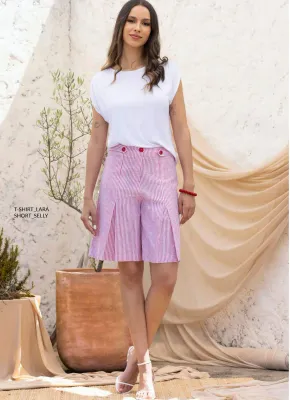 Maloka: Linen Denim Pleated Knee Length Shorts Front