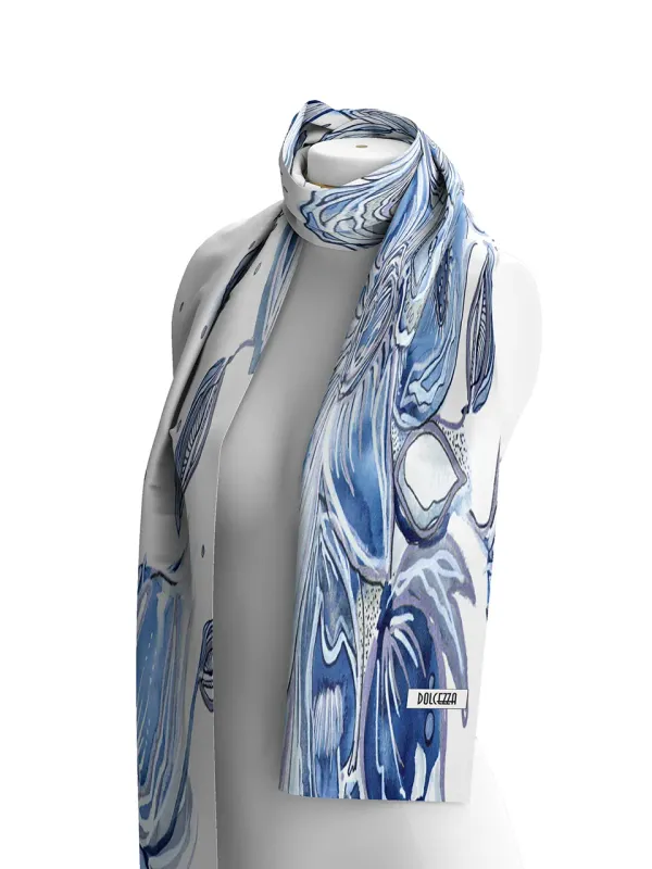 Dolcezza By Wild Curves: Blue Flowers Art Scarf Front 