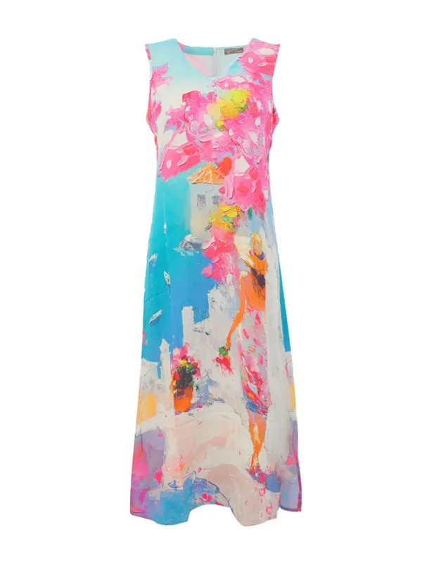 Dolcezza By Wild Curves: Summer In Santorini Art Midi Dress Front
