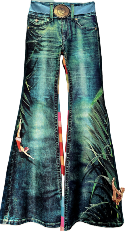 IPNG By Wild Curves: Beach Fairy Iridescent Jean Illusion Flared Pants Front