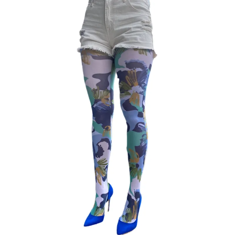 Malka Chic By Wild Curves: Green Cameo 50 Denier Abstract Art Tights