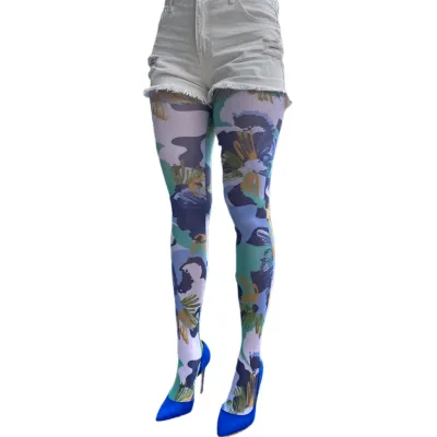 Malka Chic By Wild Curves: Green Cameo 50 Denier Abstract Art Tights