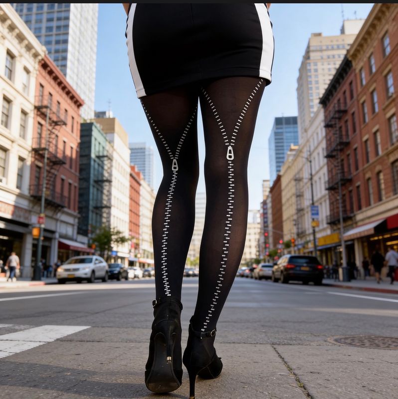 Malka Chic By Wild Curves: Silver Zip Illusion Opaque Tights Back 1