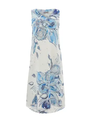 Dolcezza By Wild Curves: Blue Flowers Linen Midi Dress Front